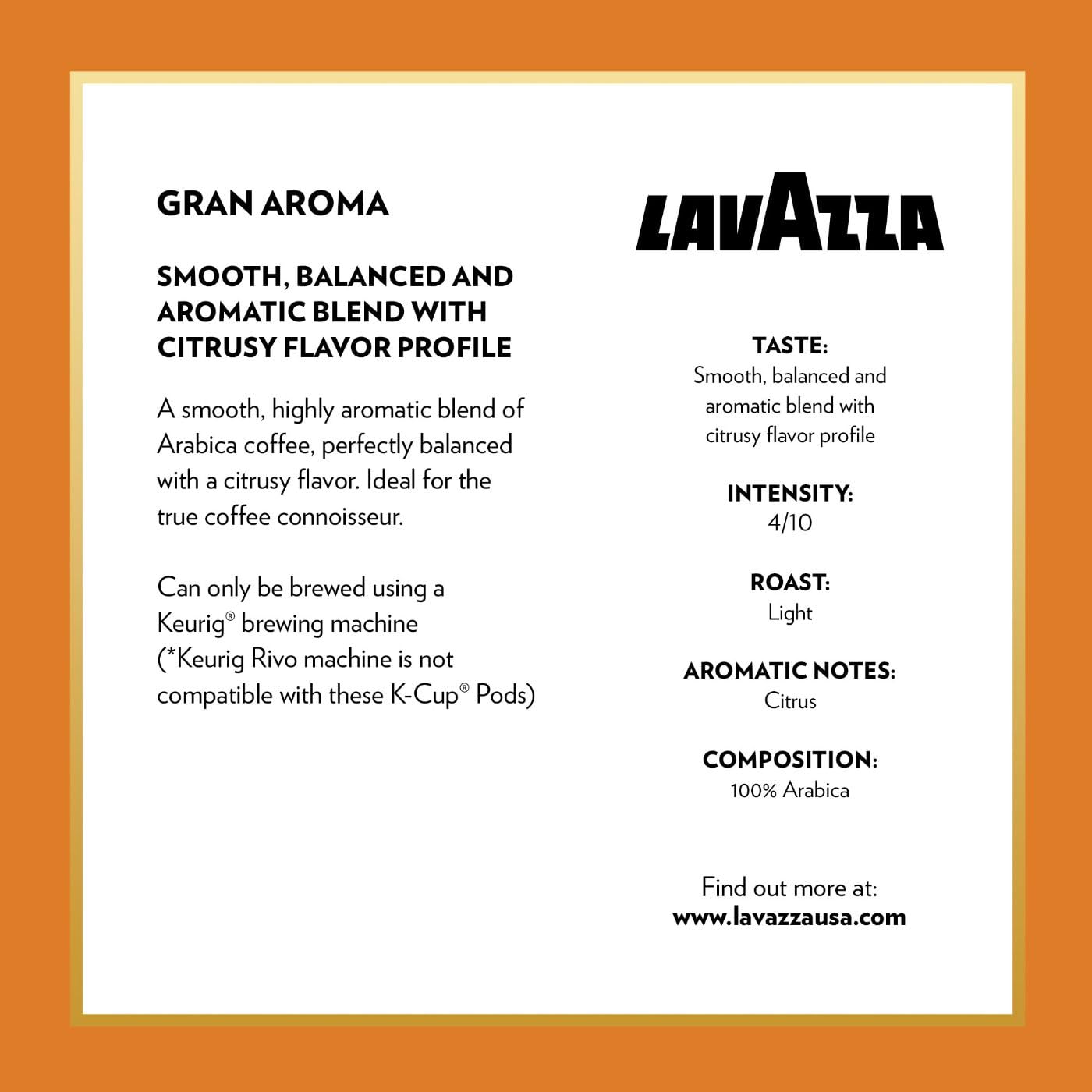 Lavazza Costiera Gran Aroma Light Roast Coffee, 60-Count K-Cup Pods (6 Packs of 10), Orange