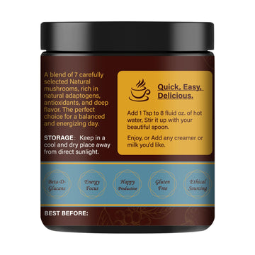 Orgnisulmte Premium Mushroom Coffee 4.58 Oz, Fresh Ground Colombian Instant Coffee With 7 Superfood Mushrooms Better Taste, Natu