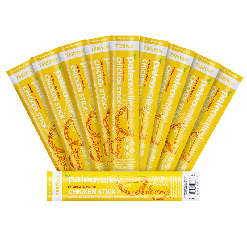 Paleovalley Pasture-Raised Chicken Sticks - 10 Pack - 7g Protein per Stick - Keto-Friendly  Paleo  Gluten-Free  Nitrate-Free - On-the-Go Snack (10 Pack  Teriyaki)