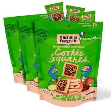 Michel et Augustin Chocolate Cookie Squares Snack Bag, Milk Chocolate & Hazelnut Cookies, Chocolate Gift Box, 3-Pack, 15 French 