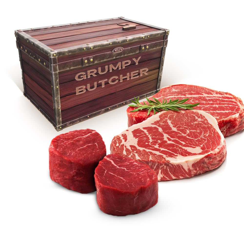 Grumpy Butcher Mignon & Ribeye Steaks Basket: 2 Filet Mignons (8 oz each) and 2 Ribeyes (14 oz each) - Food Gifts Carne Asada