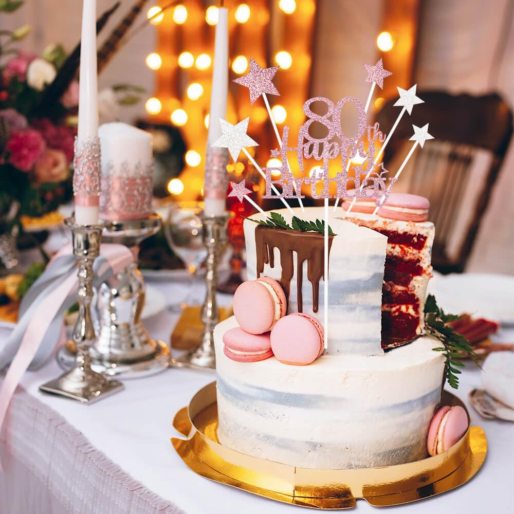 Pargleev Glittery 80th Birthday Cake Topper, Personalised Party Decoration, Rose Gold, Model hbcp-mgjjcp80-230926