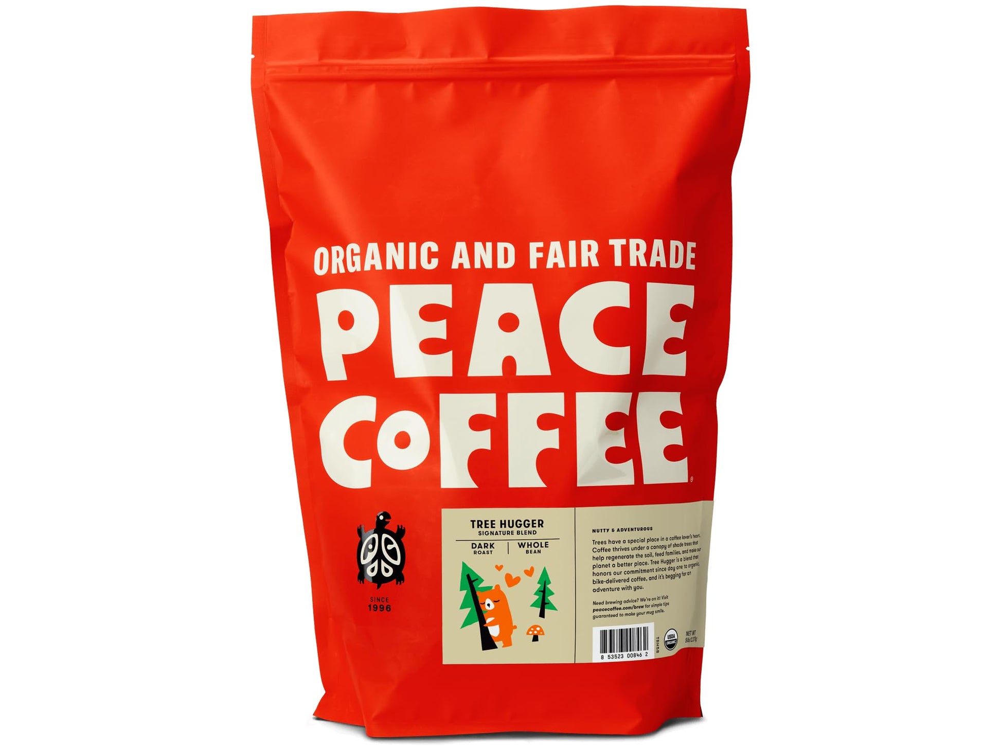 Peace Coffee Tree Hugger Signature Blend | 5 lb Whole Bean Dark Roast | Organic Fair Trade | Soft, Smooth Flavor | Shade Grown, 