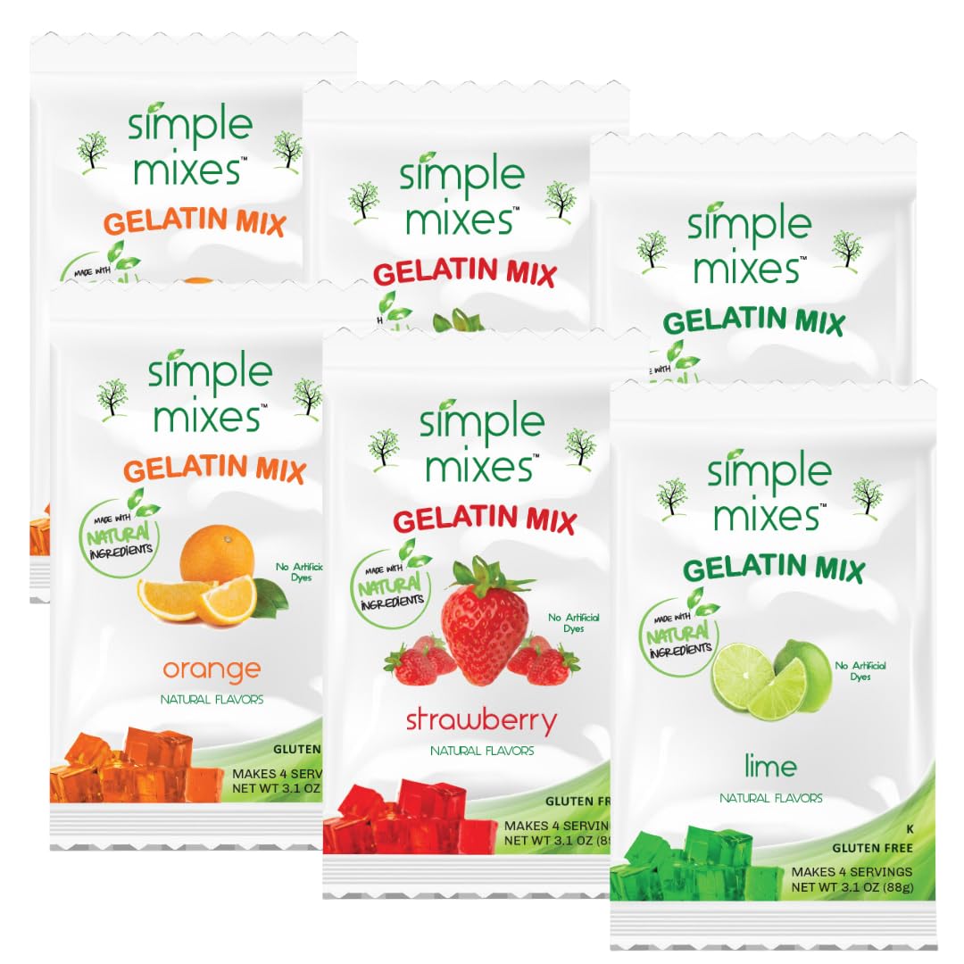 Simple Mixes Natural Gelatin Variety Pack, 2 Each: Strawberry, Orange & Lime, Healthy, Dye-Free, No Gluten or Fat, Kosher, 6 Pac