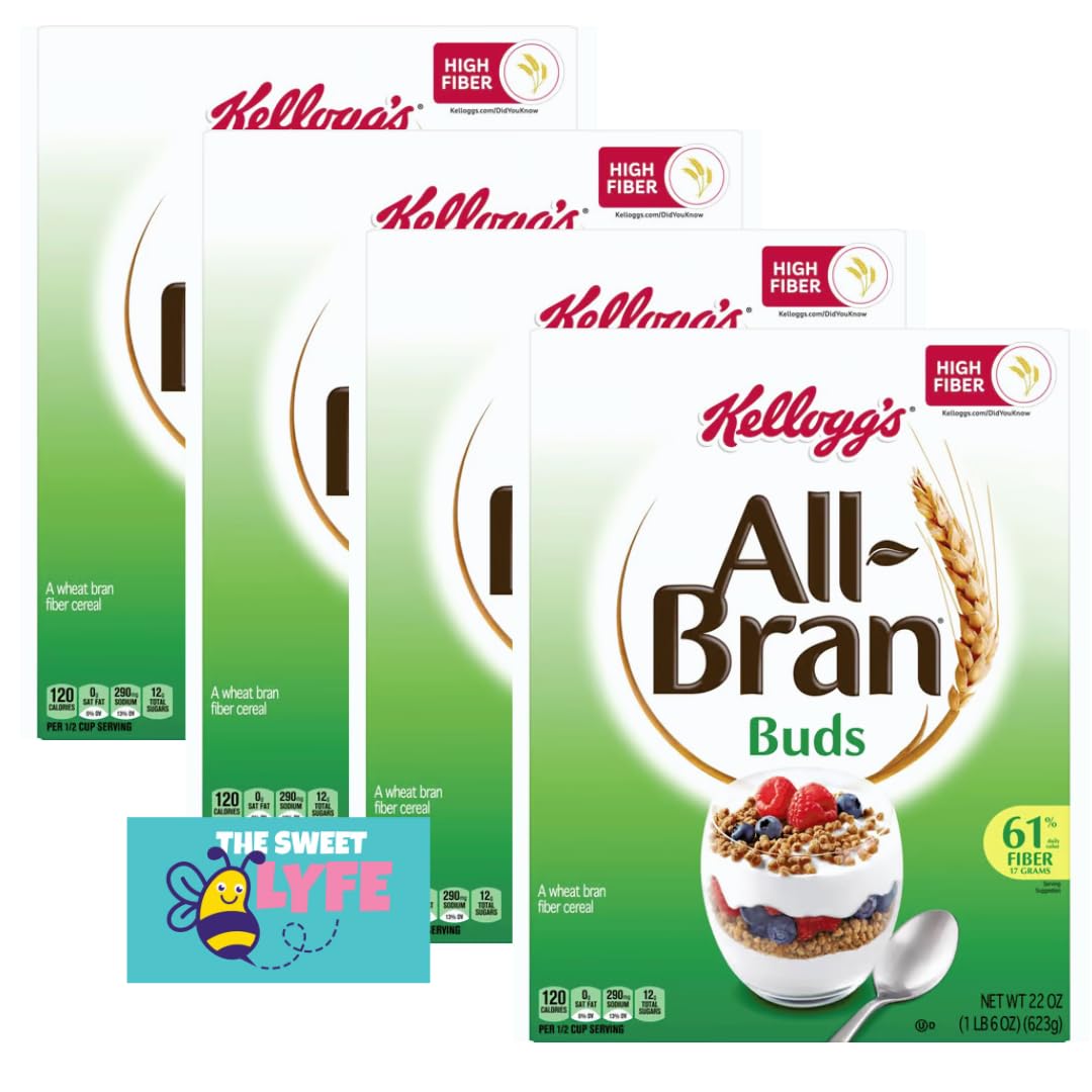All Bran Buds Cereal - High Fiber, 22 Oz, Pack Of 4 - Healthy All Bran Cereal, Nourishing All Bran Buds Breakfast Option, Bundled With The Sweet Lyfe Fridge Magnet