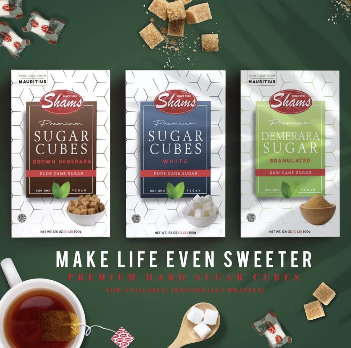 Shams Kosher Sugar Cubes - White Pure Cane Sugar Cubes, Non-GMO, Vegan, Certified Kosher - Individually Wrapped Sugar Cubes for