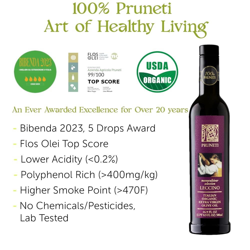 Pruneti Organic Extra Virgin Olive Oil, 16.9 Fl Oz, 400+ mg/kg Polyphenols, First Cold Pressed, Green