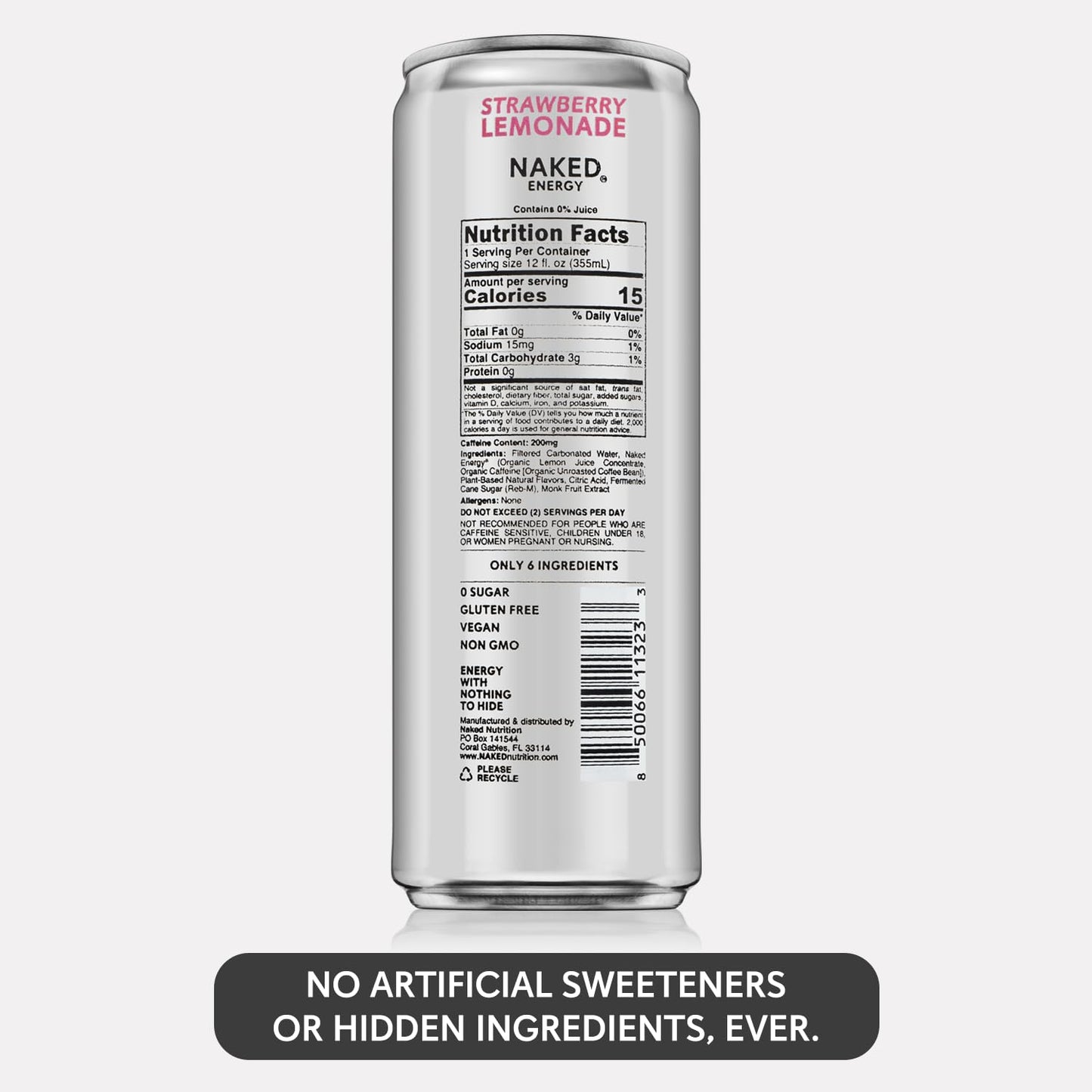 Naked Sparkling Energy Drink - Strawberry Lemonade  Organic Caffeine  Organic Lemon Juice  Zero Sugar  No Sucralose  Naturally Sweetened  Natural Energy Drinks  Vegan  Gluten-Free  Non-GMO - 12oz Cans (Pack of 12)