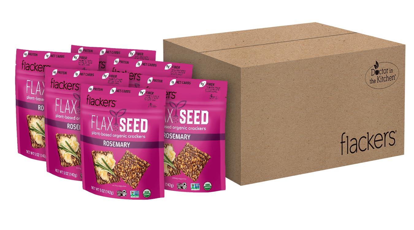 Flackers Organic Rosemary Flaxseed  Ers, 5 Ounce 6-Pack, Gluten Free, Non Gmo, Vegan, Keto Snack, 9 Grams Fiber, 1 Net Carb