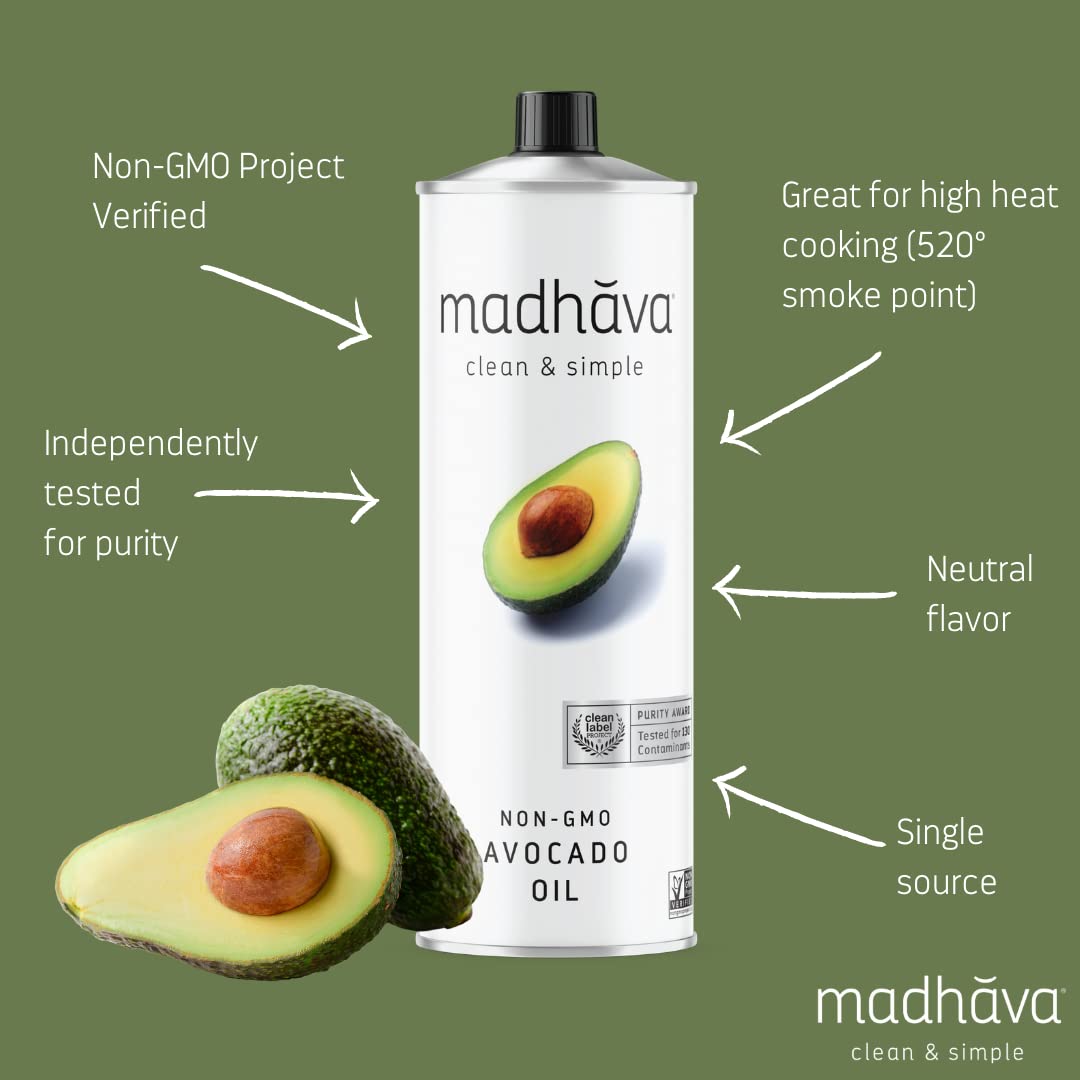 Madhava Avocado Oil (33.8 Oz, 1L Tin), Single Source, 100% Pure, Neutral Flavor, High Heat Cooking Oil, 520-Degree Smoke Point, Non-Gmo
