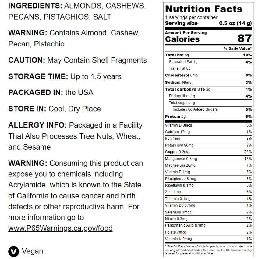 Food To Live Premium Four Nuts Mix, 1.5 Pounds - A Blend Of Dry Roasted Pistachios, Almonds, Pecans, Cashews, And Almonds With H