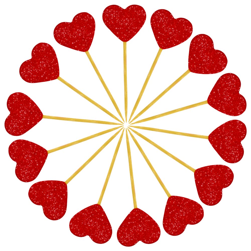 Looching Glitter Heart Cupcake Toppers, 50 PCS Red Food Picks for Wedding, Valentines Day, Birthday Party, Baby Shower