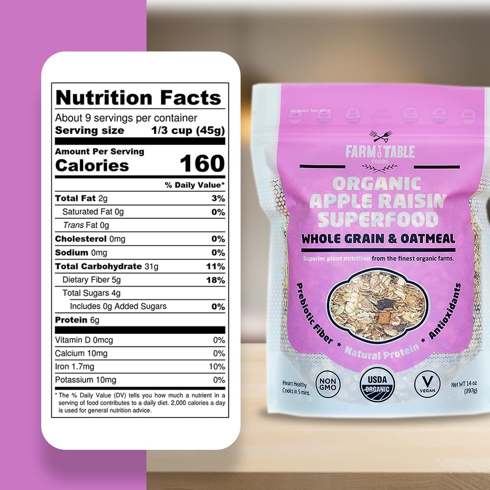 Farm To Table Foods Organic Oatmeal Variety Pack - High-Protein, Plant-Based, Unsweetened, Non-Gmo - 3-Pack (Apple Raisin, Whole