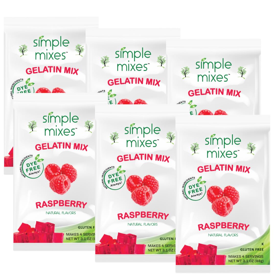 Simple Mixes Natural Gelatin Dessert, Raspberry, Healthy Snack, Dye-Free, No Gluten or Fat, Kosher, 6 Pack