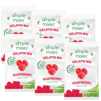 Simple Mixes Natural Gelatin Dessert, Raspberry, Healthy Snack, Dye-Free, No Gluten or Fat, Kosher, 6 Pack