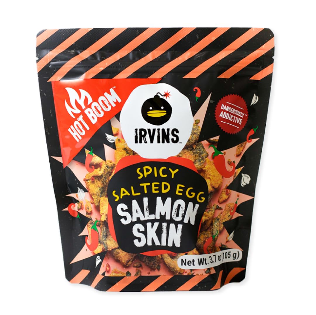 Irvins Hot Boom Spicy Salted Egg Salmon Skin Chips Crisps | Premium Hand Cooked | Halal | High Protein | Keto-Friendly | 3.7 Oz (Pack Of 6)