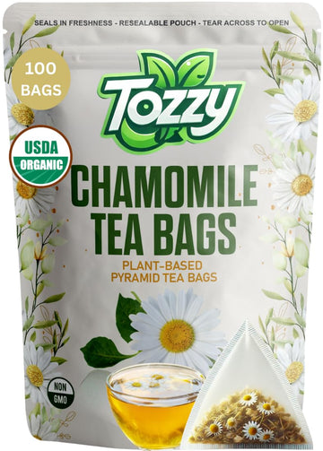 Tozzy Organic Chamomile Tea - 100 Count  Plant-Based Pyramid Tea Bags