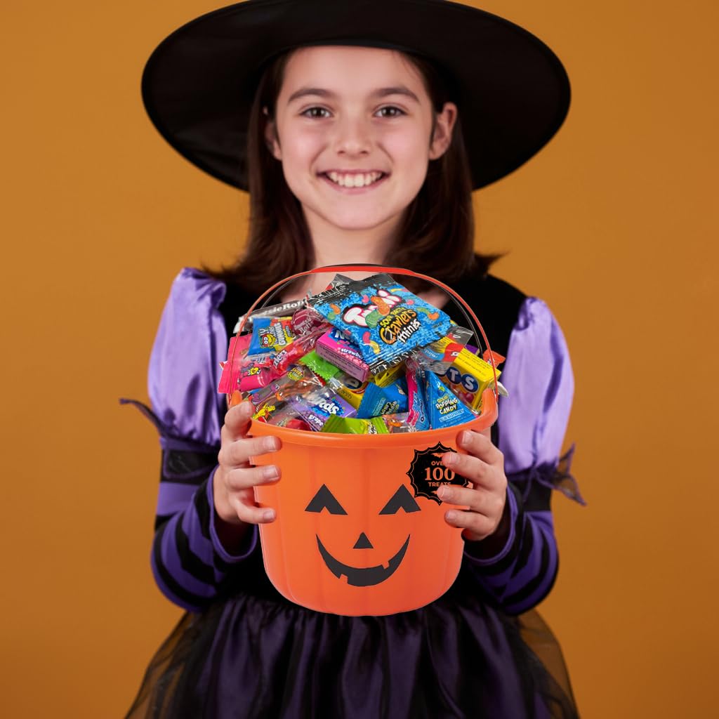 Halloween Candy Filled Pumpkin Bucket  Candy Pre-filled Large Pumpkin Bucket  Over 100 Candie   Spooky Party Favor Kit Jack O Lantern Bulk Candies Trick or Treat Kids Canndy Monster Gummies