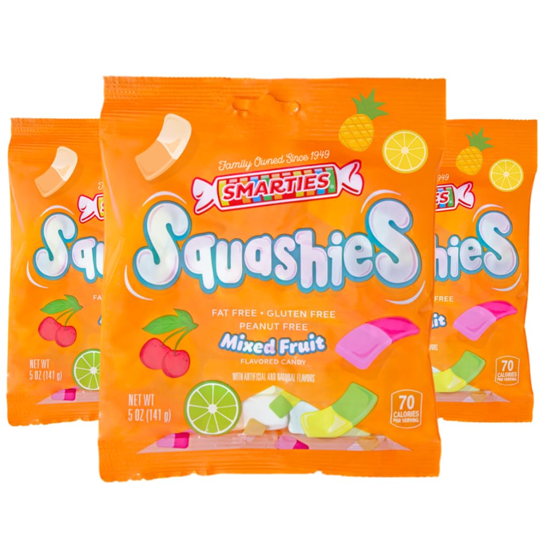 Smarties Squashies Mixed Fruit Flavor - Peanut Free  Gluten Free & Fat Free Gummy Candy - Perfect for Birthday & Halloween Party Favors chewy candy - 5 oz Candy Bags (Pack of 3)