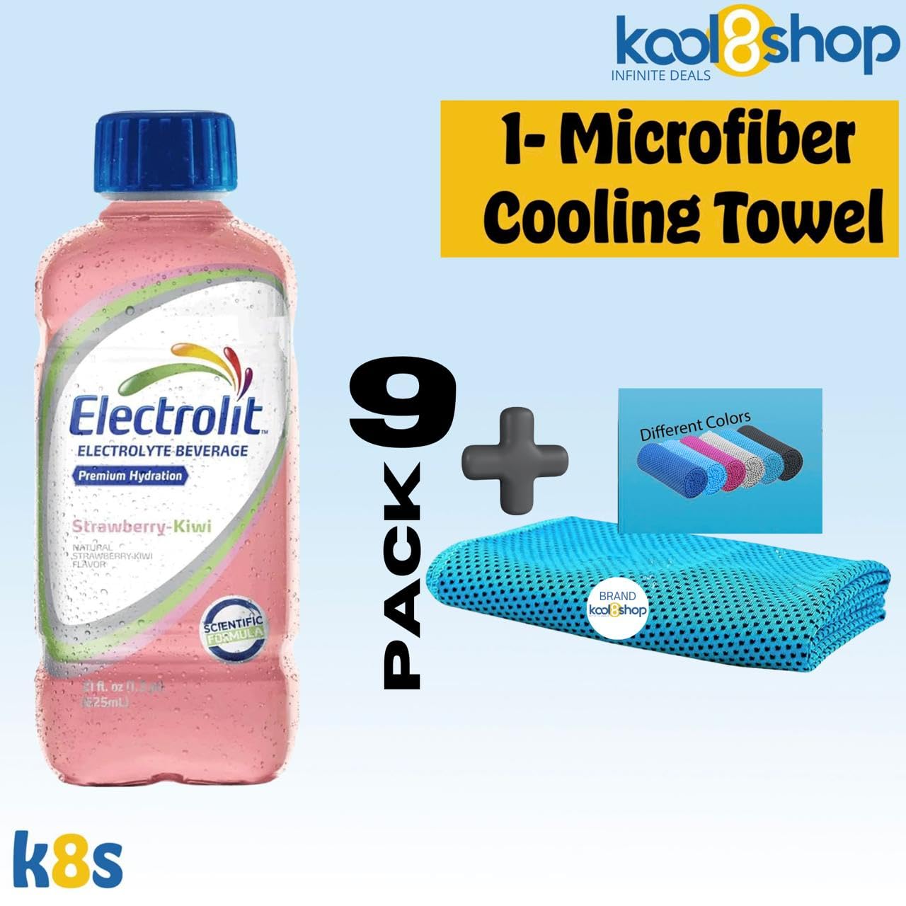 Electrolit Strawberry Kiwi Hydration Drink With Electrolytes 21 Fl Oz Plastic Bottles 9 Pack + 1 Microfiber Cooling Towel By Koo