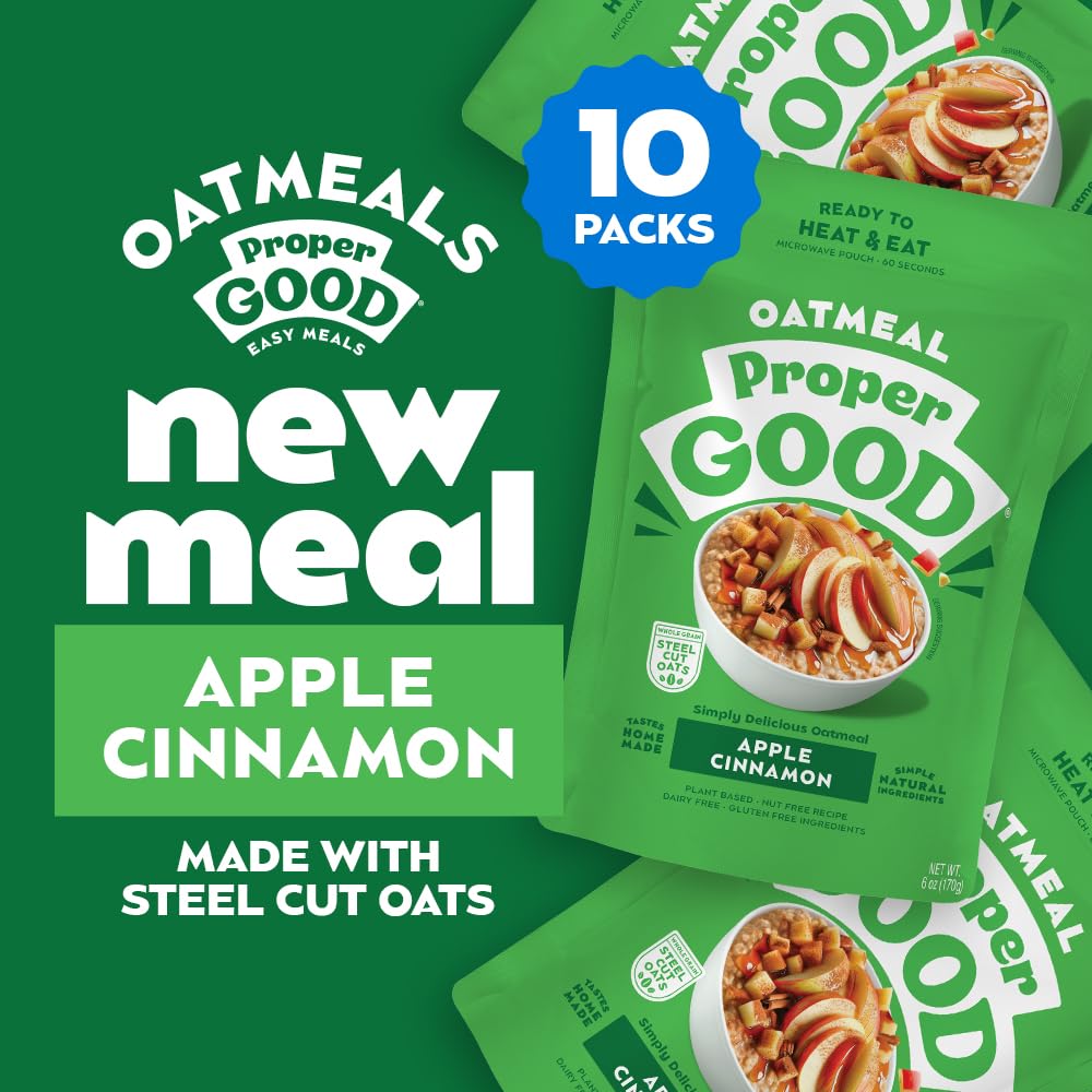 Proper Good Apple Cinnamon Oatmeal - Ready in 60 Seconds for a Quick & Easy Breakfast - Steel Cut Oats with Chia & Flax - High F