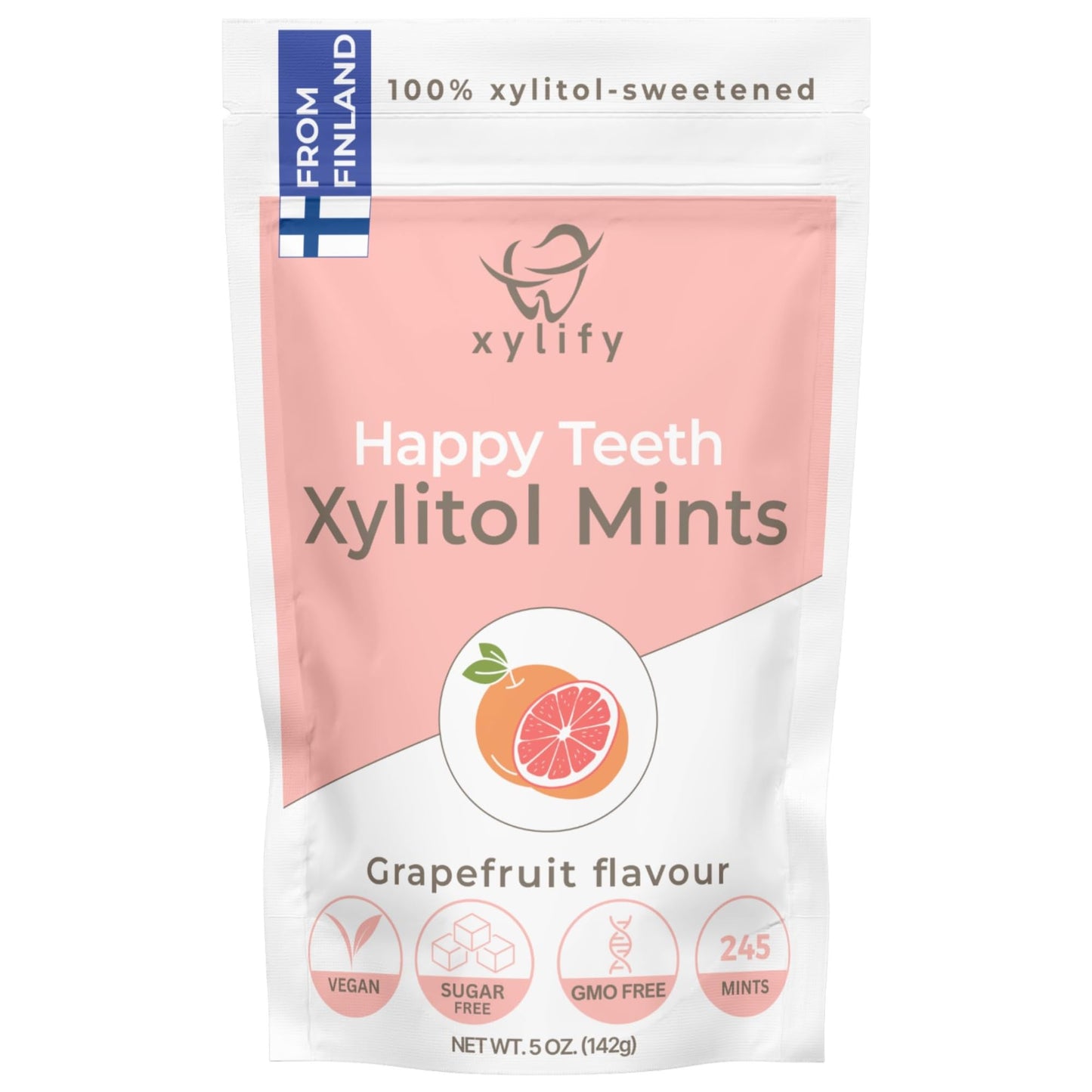 Xylitol Mints For Oral Care - Grapefruit Flavor, 100% Xylitol Sweetened, Sugar Free Candy, Happy Teeth Dental Mints From Finland