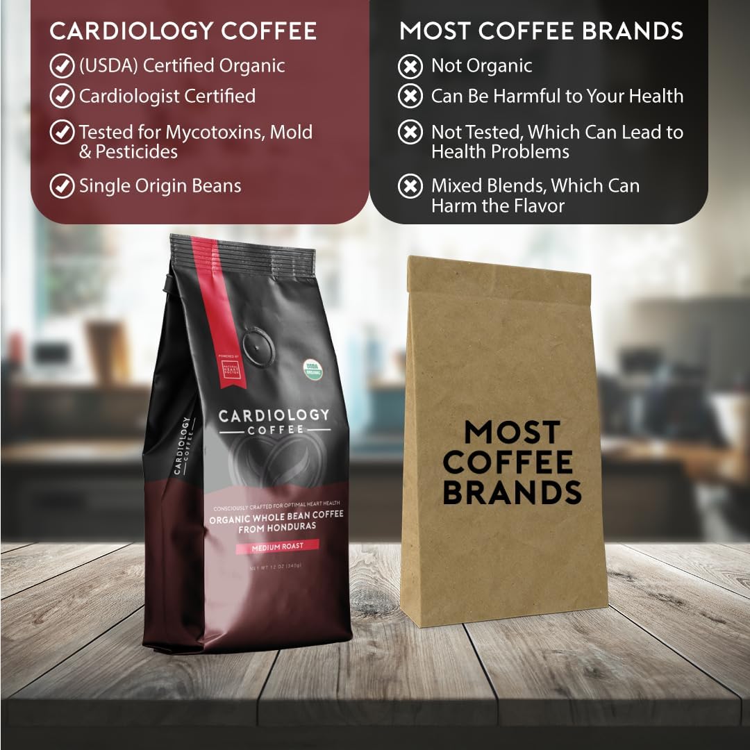Cardiology Coffee Whole Bean Coffee, USDA Organic, Mold Free, Medium Roast, 12oz