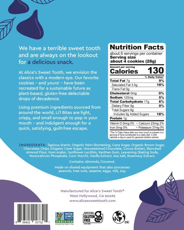 Alices Sweet Tooth Chocolate Chip Cookie Bites - Gluten-Free, Vegan, Dairy-Free, Crunchy Mini-Cookies - 5.5 ounces