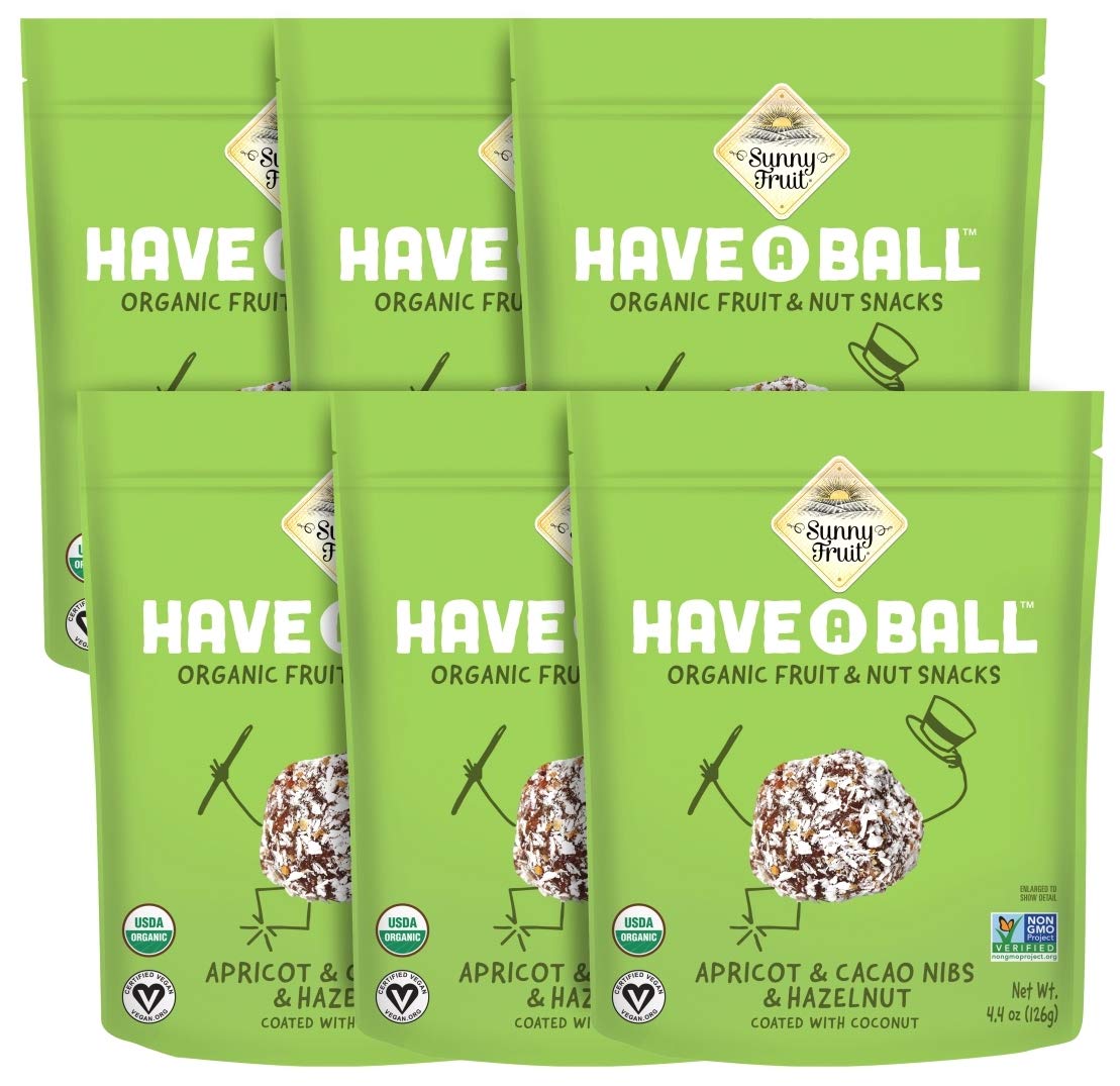 Sunny Fruit 100% RAW Fruit & Nut Snacks, Apricot, Cacao Nibs & Hazelnut, 6-Pack (9 Balls Per Bag) | Healthy, Convenient, On-the-