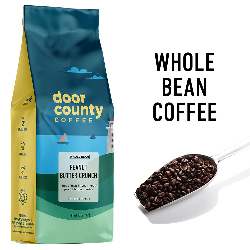 Door County Coffee - Peanut Butter Crunch, Peanut Butter Flavored Flavored Whole Bean Coffee - Medium Roast, 10 Oz Bag