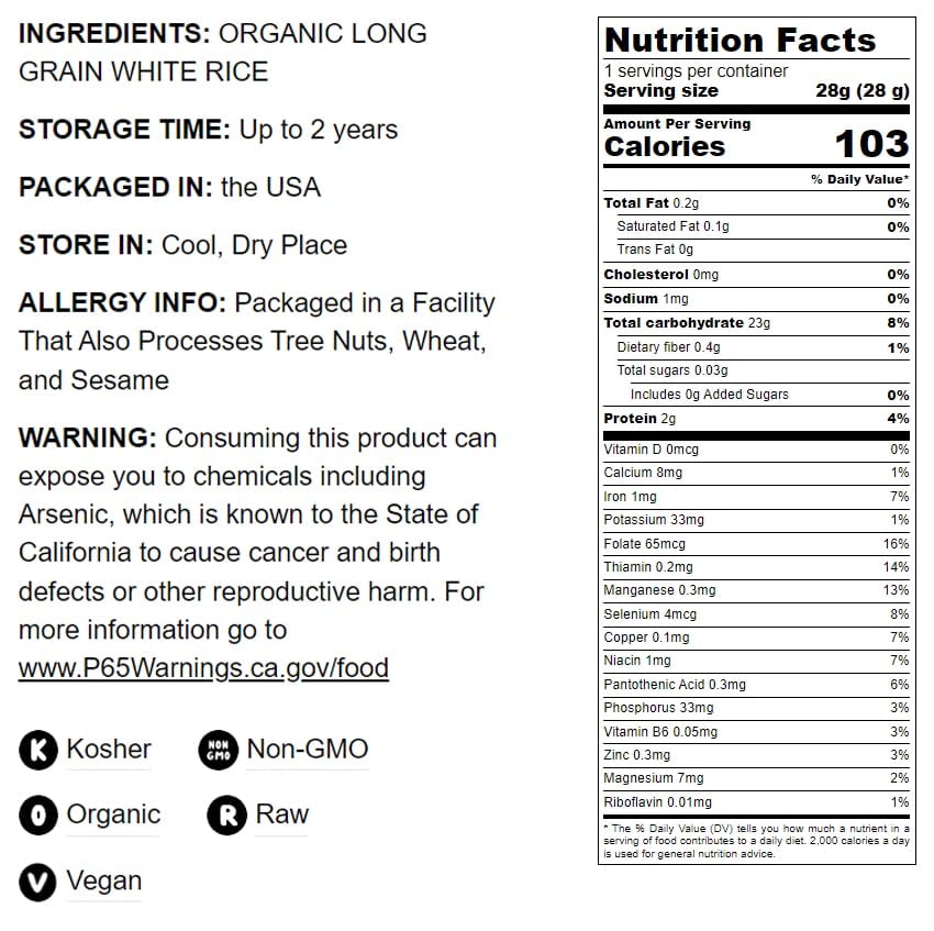 Food To Live Organic Long Grain White Rice, 1 Pound – Non-Gmo, Vegan, Kosher. Easy To Cook. Stays Separate And Fluffy. Low In Fat. Contains Iron. Perfect For Stuffing, Pilafs, Salads.