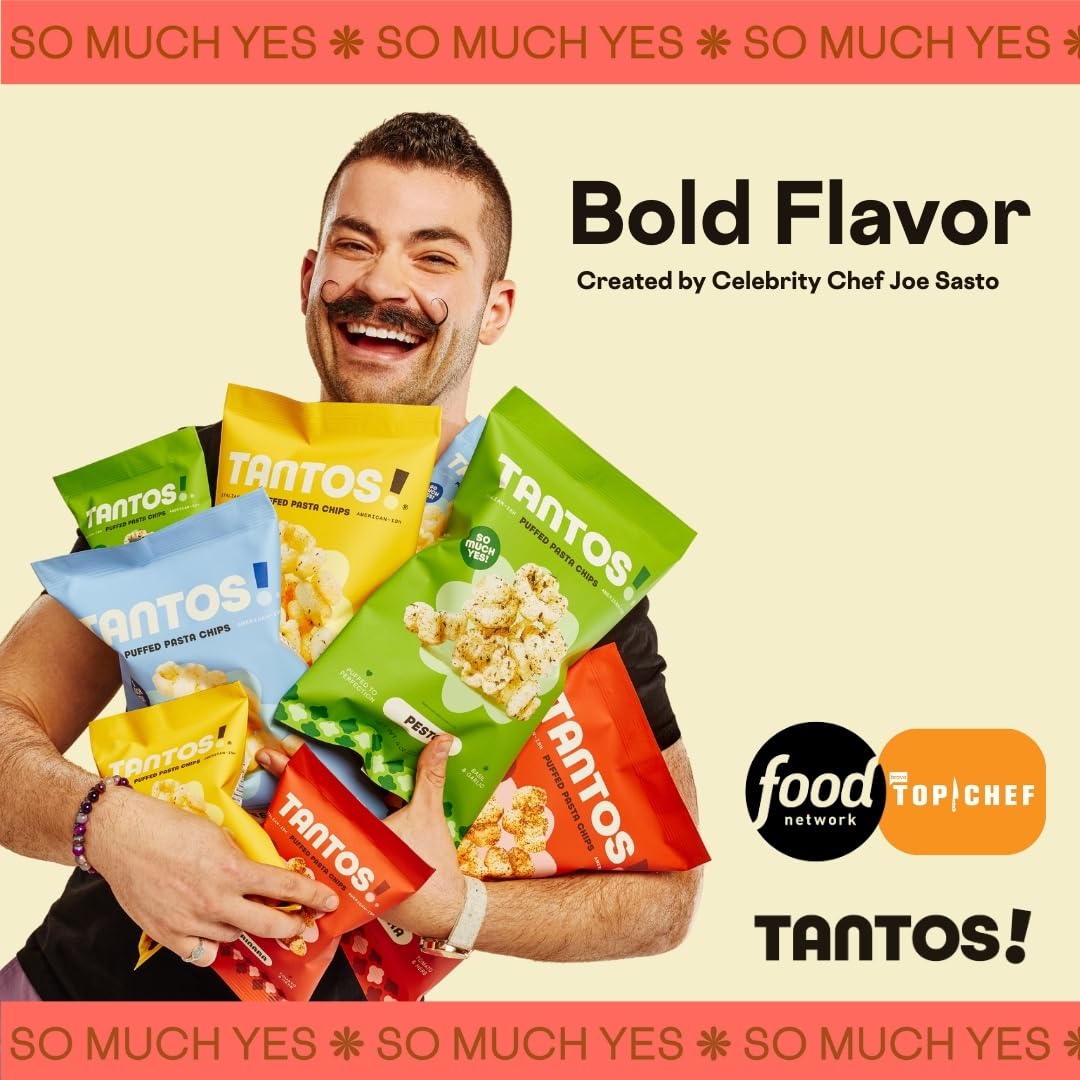 Tantos! Puffed Pasta Chips  Healthy Pasta Snack by Top Chef Joe Sasto  As Seen on Shark Tank  Plant Based  Low Calorie  Crunchy Chips  Variety Pack  Marinara  Pesto  Cacio e Pepe  Classico  Gourmet Bold Flavors  1oz 8 Pack 2 of Each Flavor  Variety