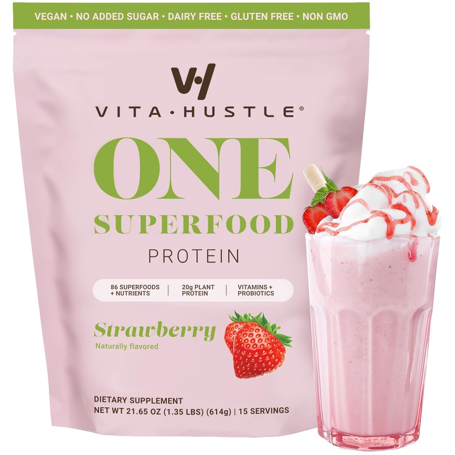 VitaHustle All-in-One Nutrition Shake, Strawberry Flavor, Vegan Protein Powder with 86+ Superfoods, Plant-Based Meal Replacement