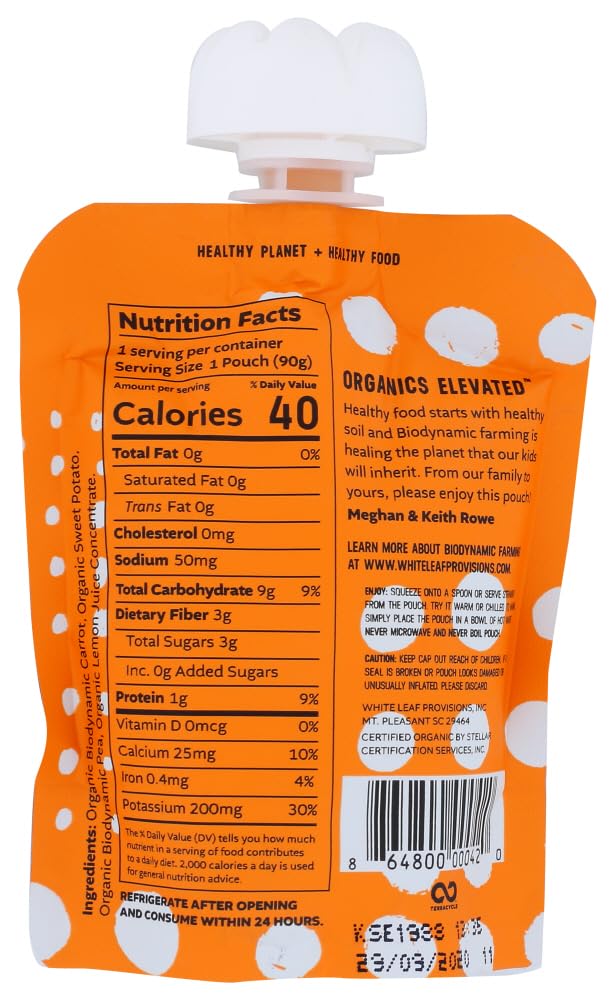 White Leaf Provisions Organic Purees / Baby Food Pouches - Fruits, Veggies & Grains, Toddler Snack, Regeneratively Farmed, No Added Sugar, Non-Gmo, Bpa-Free Pouches 3.17 Oz (Pack Of 24, Carrot + Sweet Potato + Pea