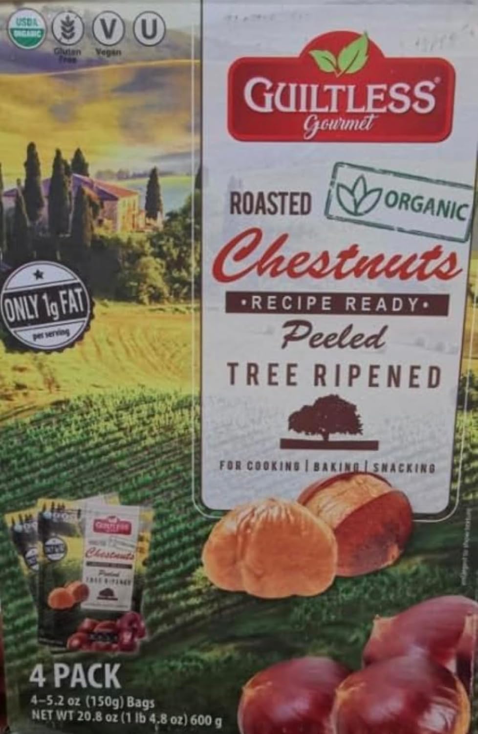 Guiltless Gourmet Roasted Organic Chestnuts ~ Value Pack ~ 4 packs ~ 20.8 oz total 600G