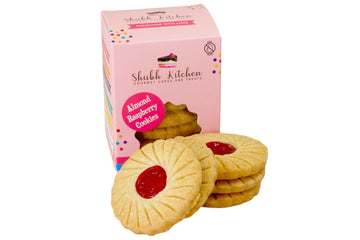 Shubh Kitchen Almond Raspberry Cookies - Gourmet Jam-Filled, Egg-Free & Vegetarian, 6 oz Pack, Handmade, Red & Light Brown