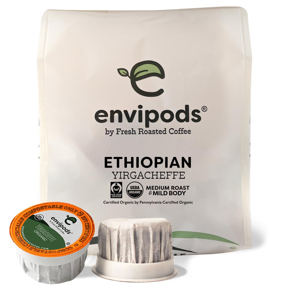 Fresh Roasted Coffee Organic Ethiopian Yirgacheffe Envipods, 12 Count, Compatible with 1.0 & 2.0 K Cup Brewers