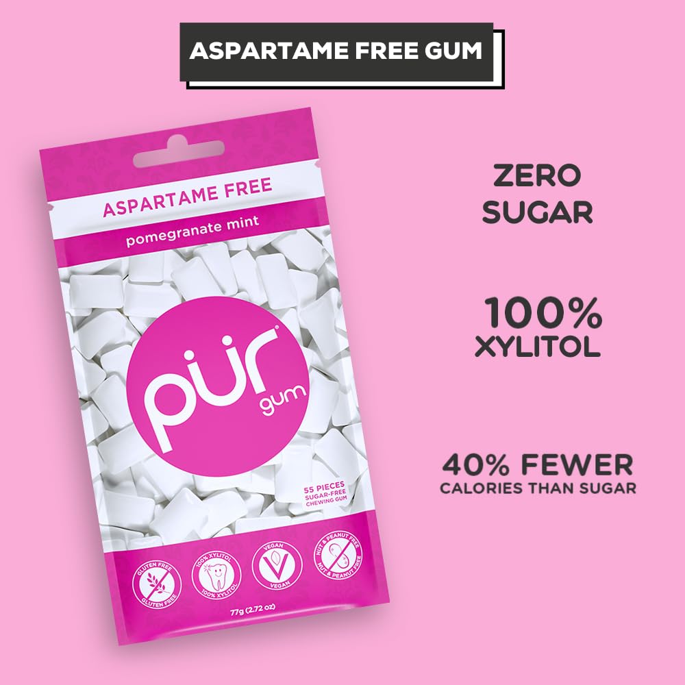 Pur Gum | Aspartame Free Chewing Gum | 100% Xylitol | Natural Pomegranate Mint Flavored Gum, 55 Pieces (Pack Of 1)