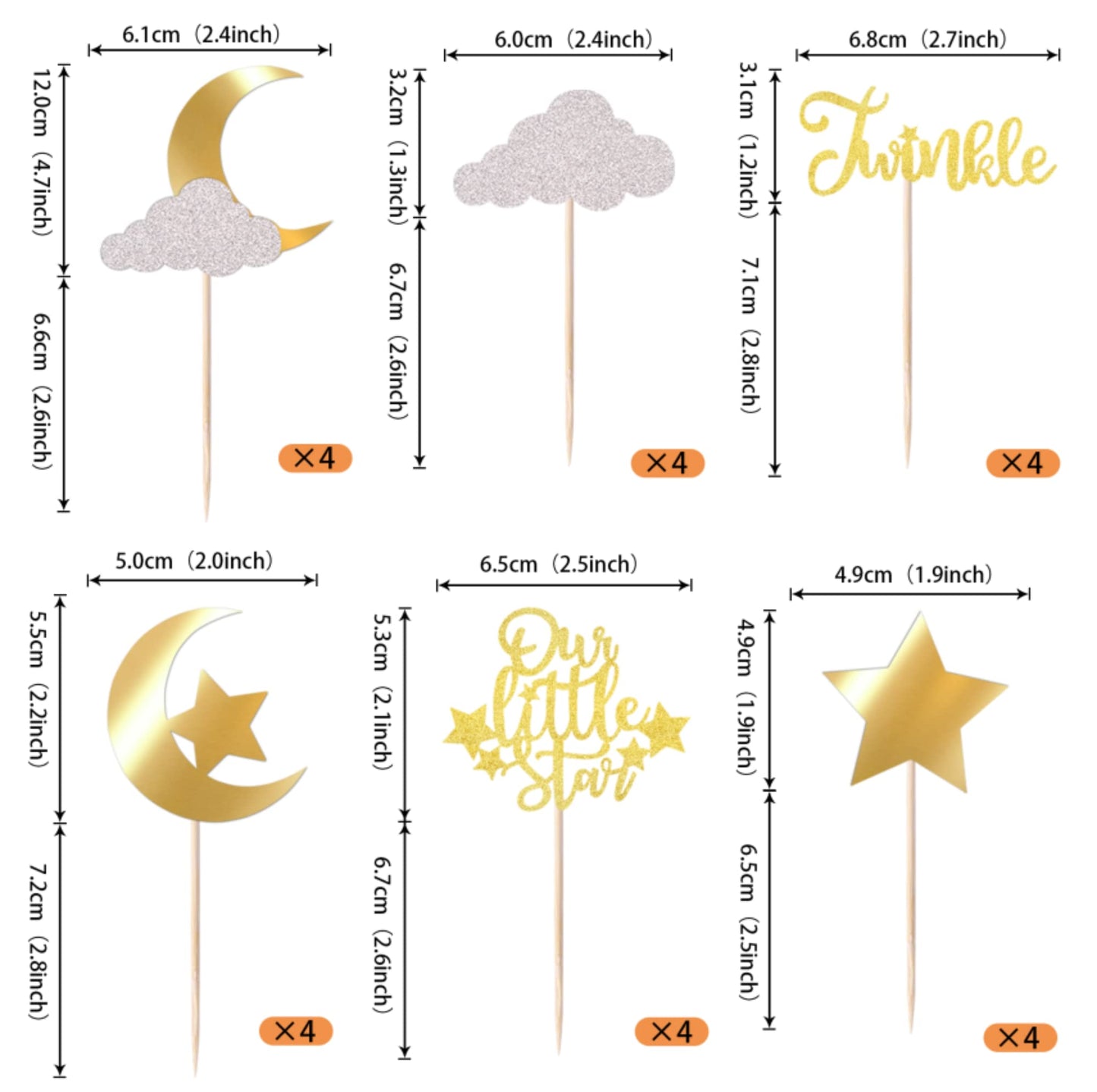 24 Pack Little Star Cupcake Toppers Glitter Moon Cloud Cupcake Picks Twinkle Star Baby Shower Kids Birthday Wedding Party Cake Decorations Supplies Gold