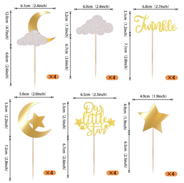 24 Pack Little Star Cupcake Toppers Glitter Moon Cloud Cupcake Picks Twinkle Star Baby Shower Kids Birthday Wedding Party Cake Decorations Supplies Gold