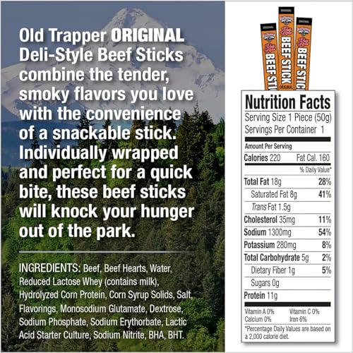 Oid Trapper Original Deli-Style Beef Sticks, 1.75-Ounce Individually Wrapped Packages, 11 Grams Of Protein And Zero Grams Of Sug