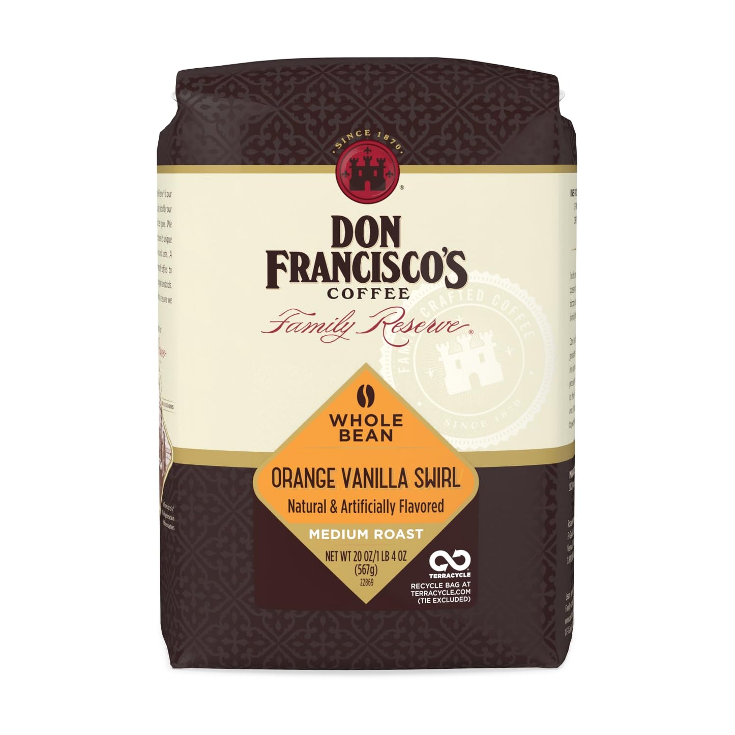 Don Franciscos Orange Vanilla Swirl Whole Bean Coffee  Medium Roast - Flavored 100% Arabica  20 oz Bag  enhanced Coffee for Drip  Pour Over & French Press