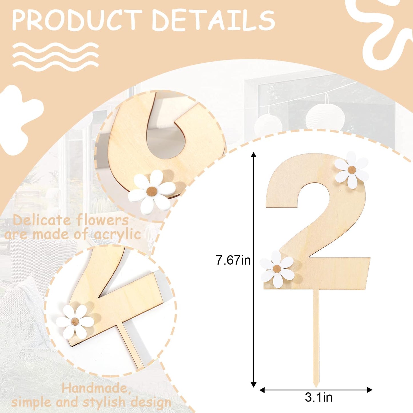 MAMUXI Wooden Daisy Cake Topper - 2nd Birthday Party Decor, Retro Boho Design, Light Cream