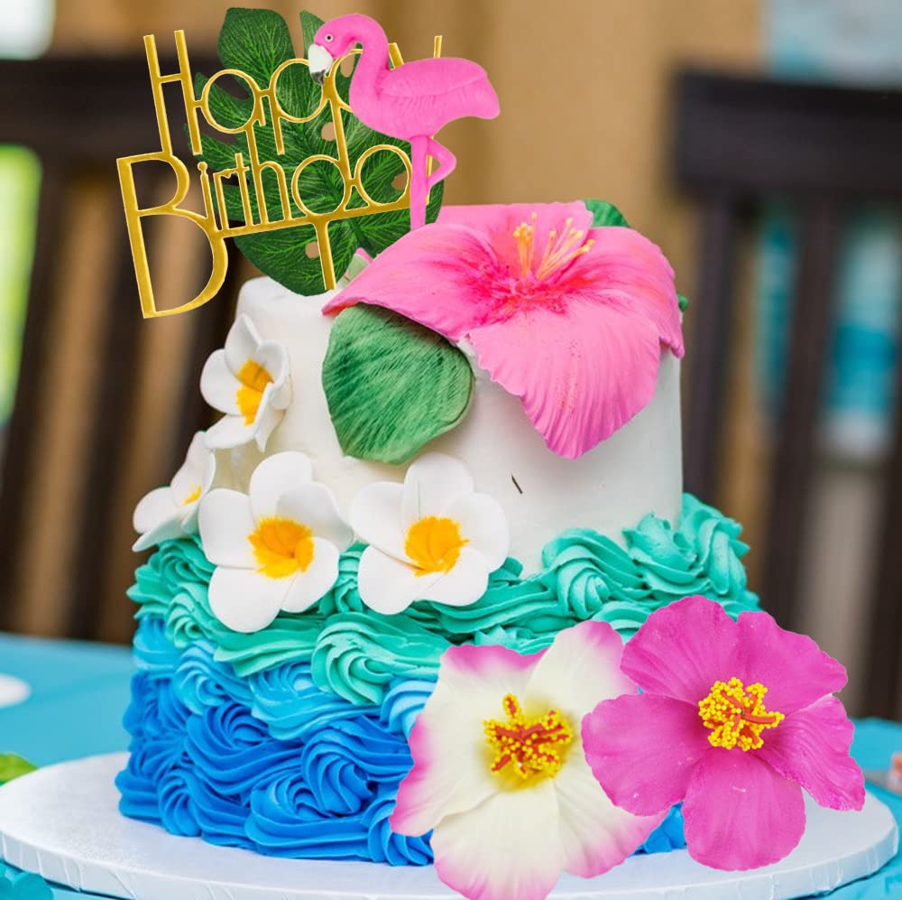 12 Pcs Flamingo Cake Toppers Flamingo Palm Leaves Hibiscus Flowers Hawaiian Cake Decorations For Tropical Luau Themed Birthday W