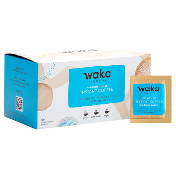Waka Coffee Premium Instant Coffee, Medium Roast, 50 Single Serve Packets, 100% Arabica Beans, Freeze Dried Granules