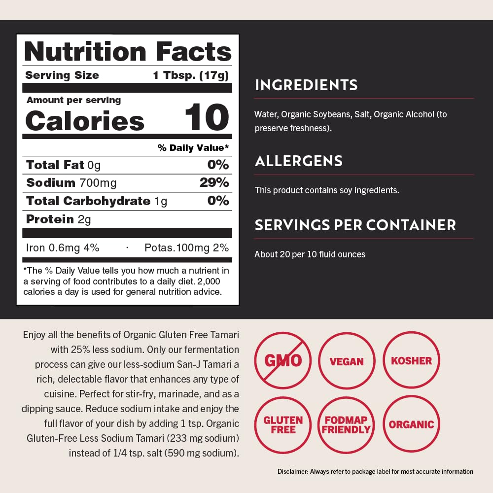 San-J - Organic Gluten Free Tamari Soy Sauce with 25% Less Sodium - Specially Brewed - Made with 100% Whole Soy - 10 oz. Bottle