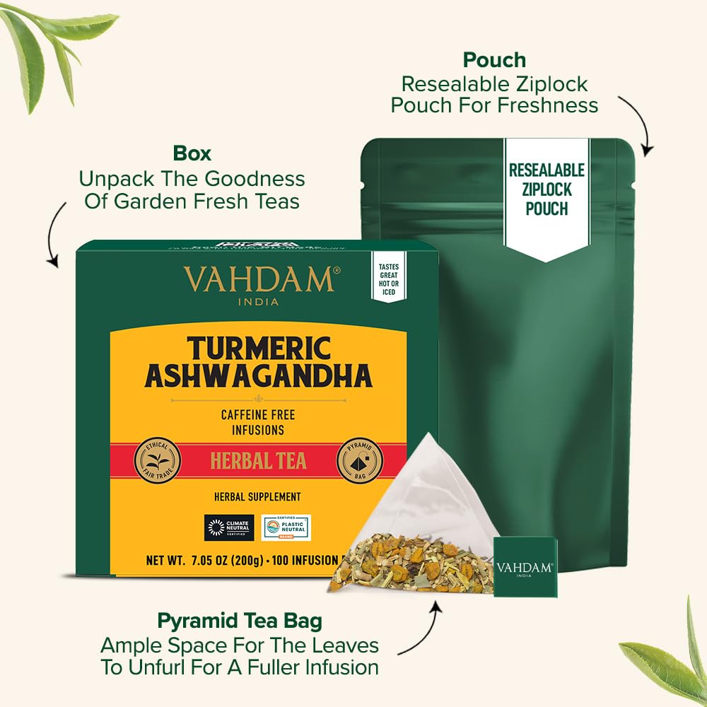 VAHDAM Turmeric Ashwagandha Herbal Tea Bags - 100 Count, Caffeine Free, Non-GMO, Gluten Free, Sweet & Earthy Flavor