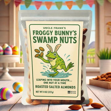 Gears Out Uncle Frank’s Froggy Bunny’s Swamp Nuts, 8oz Roasted Almonds, Funny Easter Gag Gift for mature-themeds, Made in USA