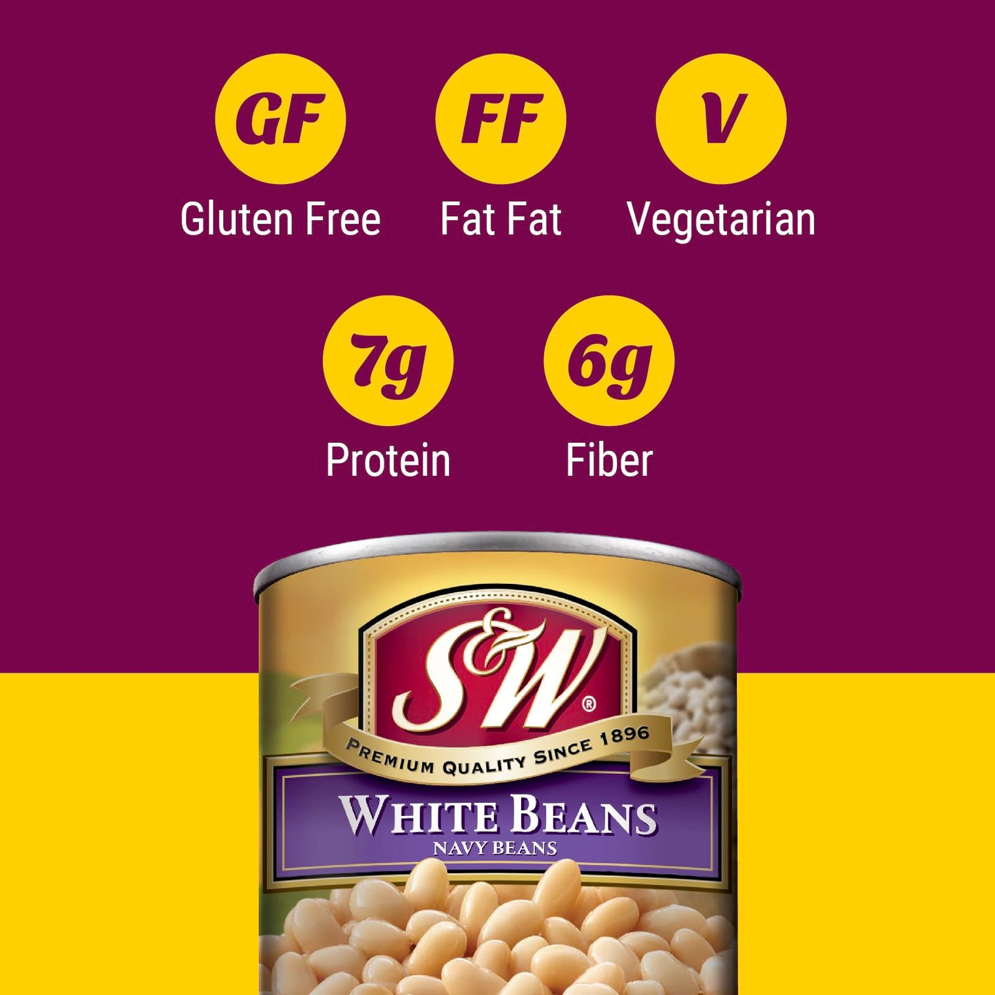 S&W Canned White Beans, Navy Beans, Plant Protein And Fiber, Gluten Free, Vegan, Fat Free, 12 Pack Of 15.5 Oz Cans