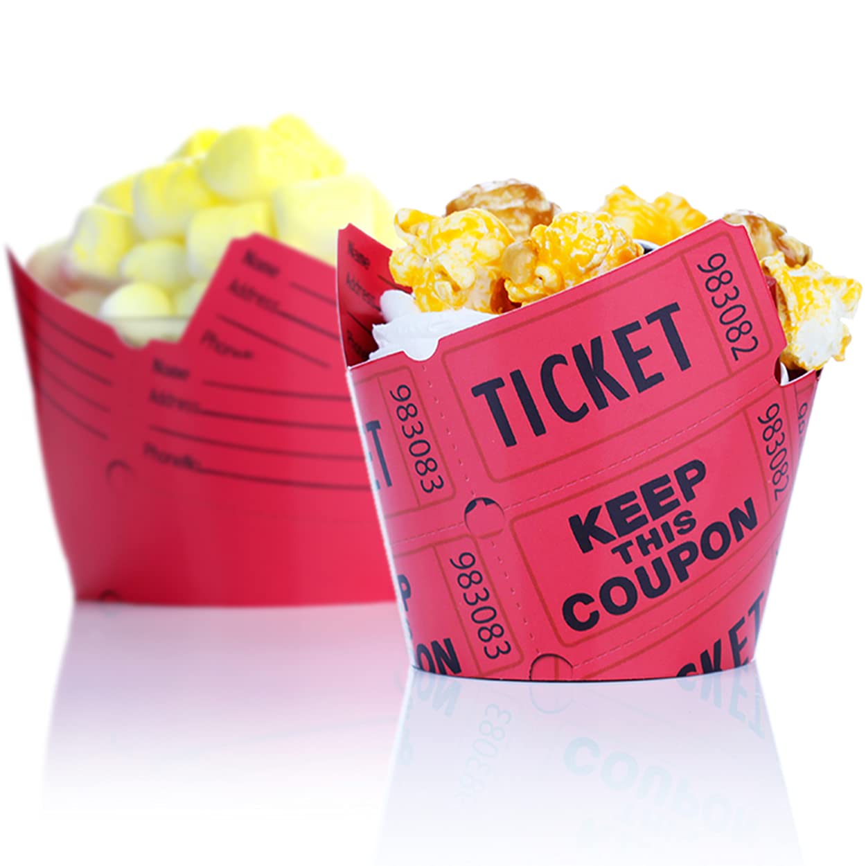 Pretty Cute Studios Raffle Ticket Cupcake Wrappers, 36 Count, Red, Cardstock - Circus, Carnival, Movie Night Party Decorations